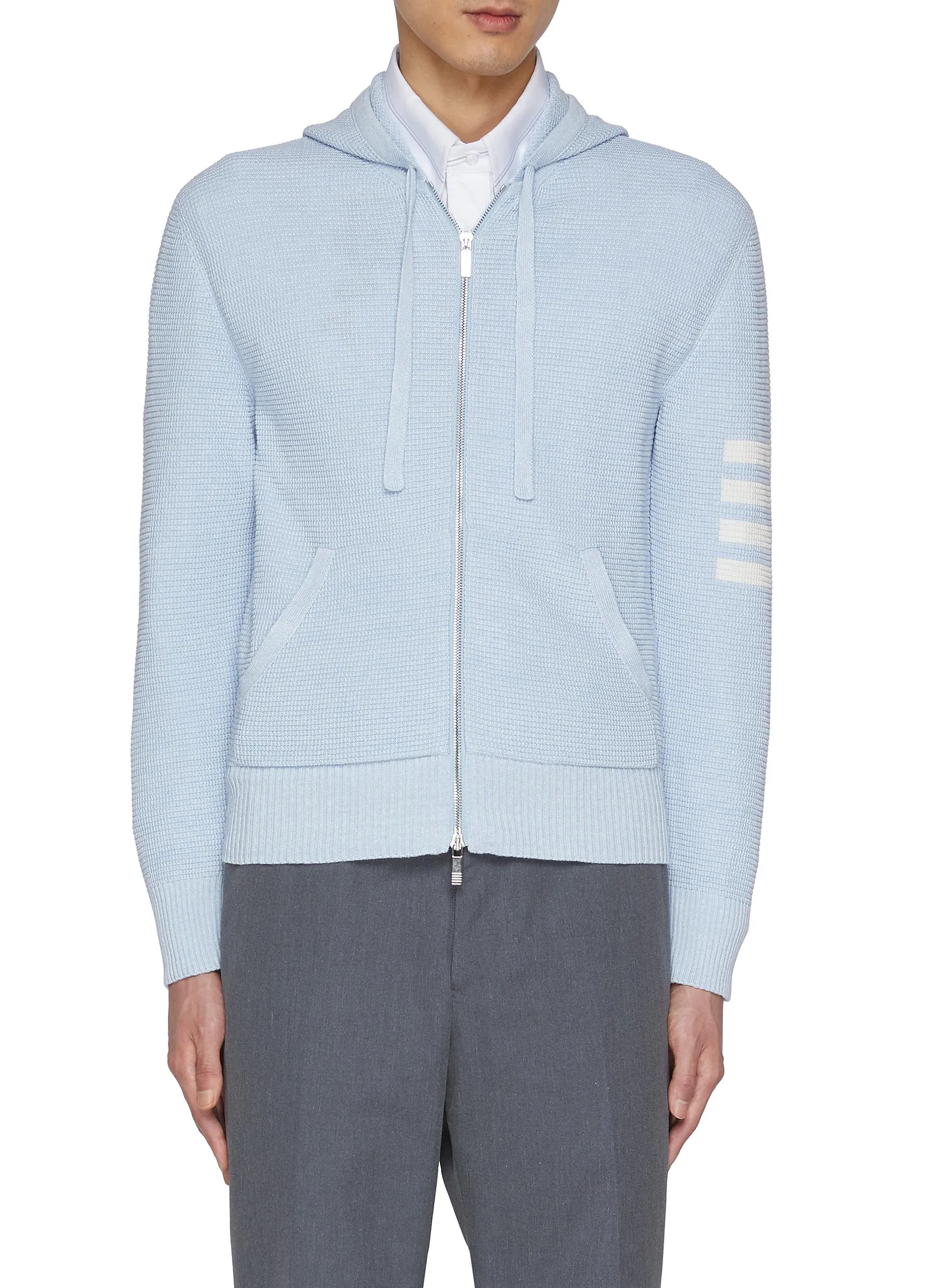 -----------THOM BROWNE   ---- ------------LIGHT BLUE ----Textured Four Bar Stripe Zip Up Hoodie --