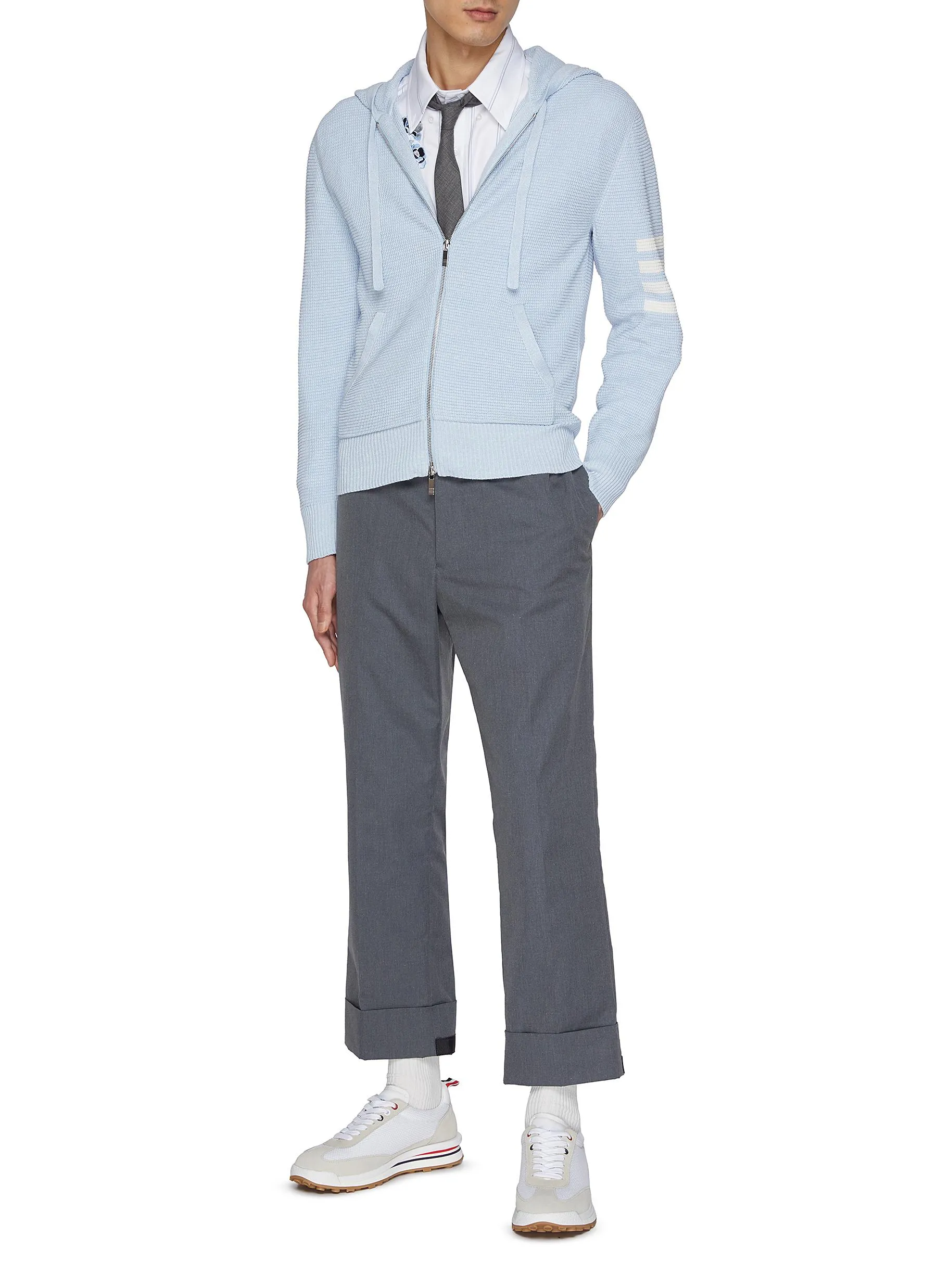 -----------THOM BROWNE   ---- ------------LIGHT BLUE ----Textured Four Bar Stripe Zip Up Hoodie --