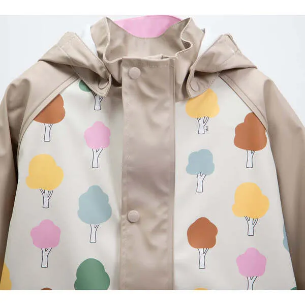 7AM Enfant Tree Print Rain Hooded Jacket, Beige