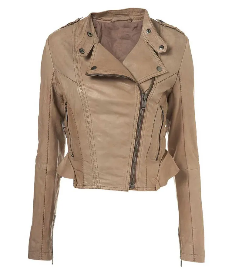 Amy Pond Lapel Style Collar Light Brown Motorcycle Leather Jacket