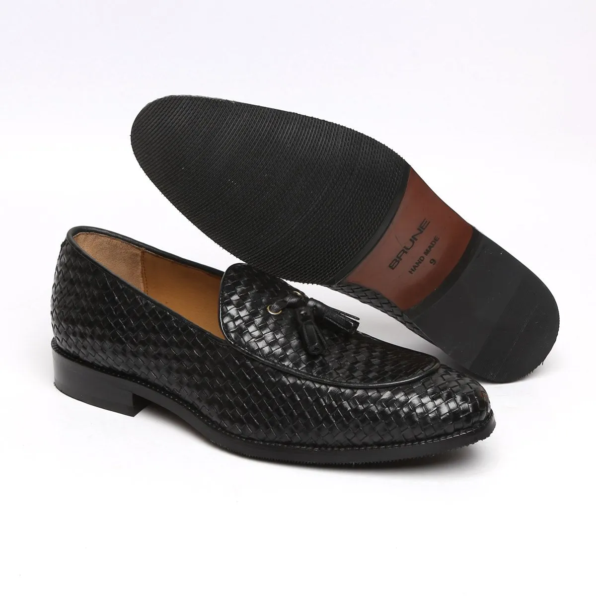 Apron Toe Tassel Slip-On Shoes Black Hand Weaved Leather