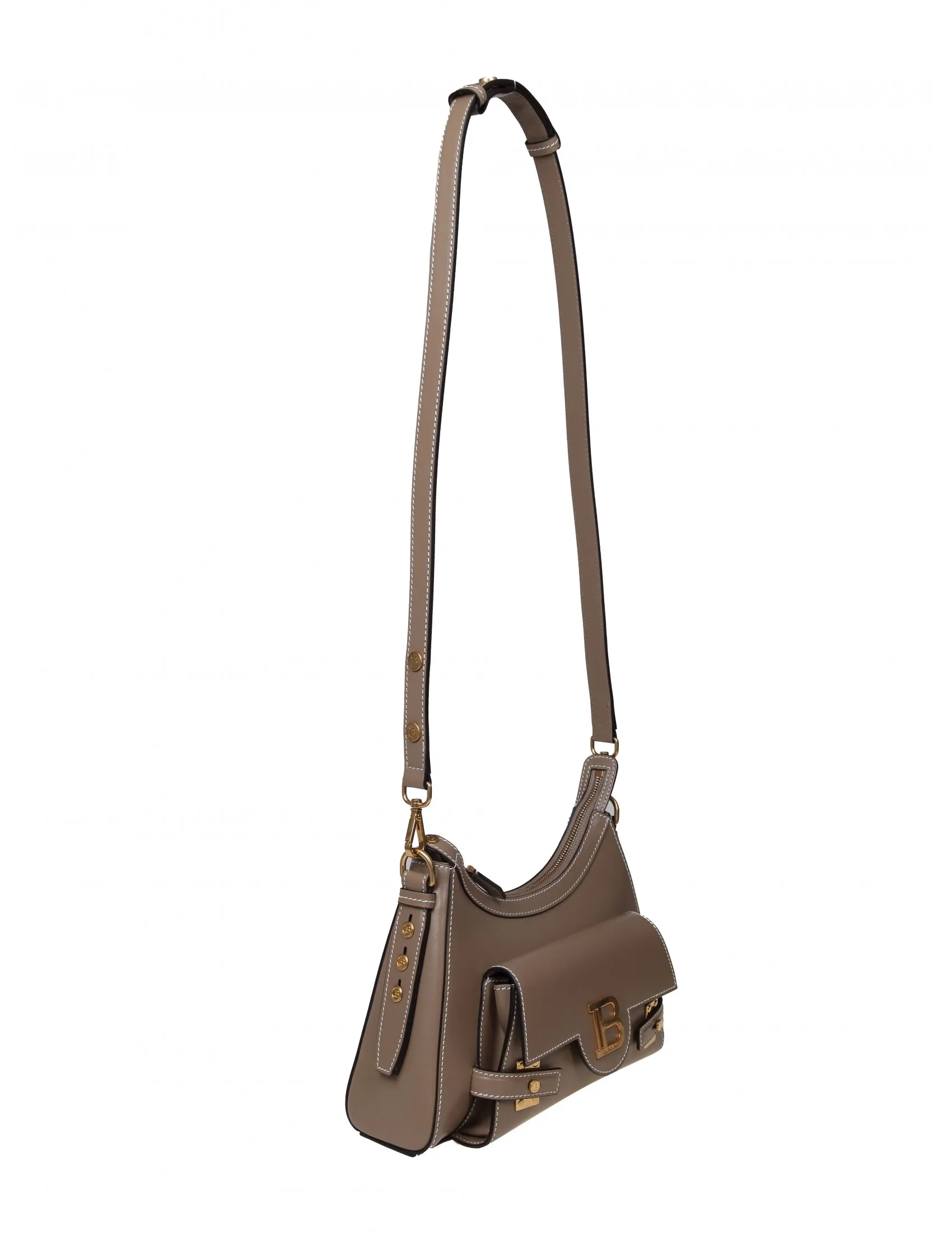 BALMAIN B-BUZZ HOBO SHOULDER BAG IN TAUPE COLOR LEATHER