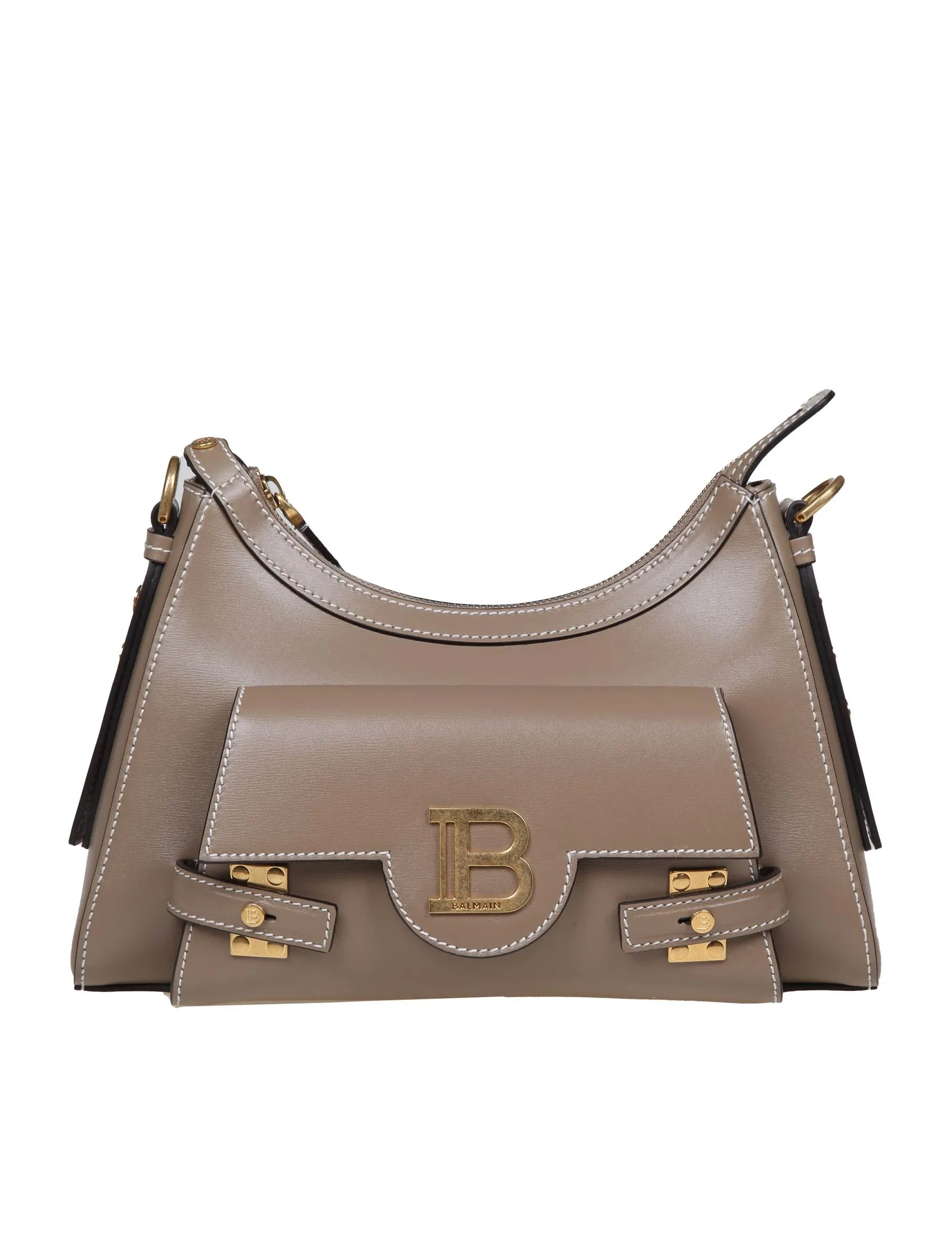 BALMAIN B-BUZZ HOBO SHOULDER BAG IN TAUPE COLOR LEATHER