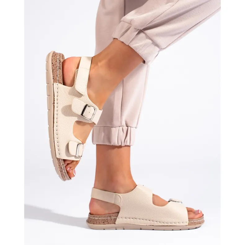 Beige comfortable women's sandals with buckles