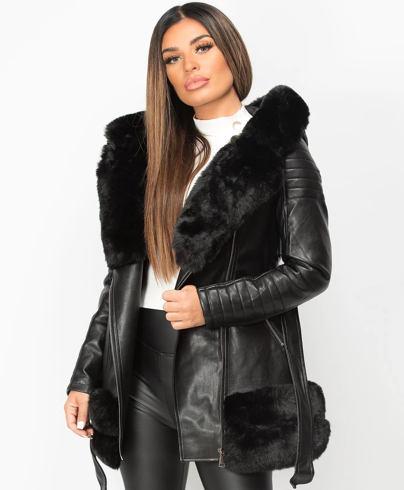 Black PU PVC Faux Fur Hem Hooded Belted 3/4 Jacket