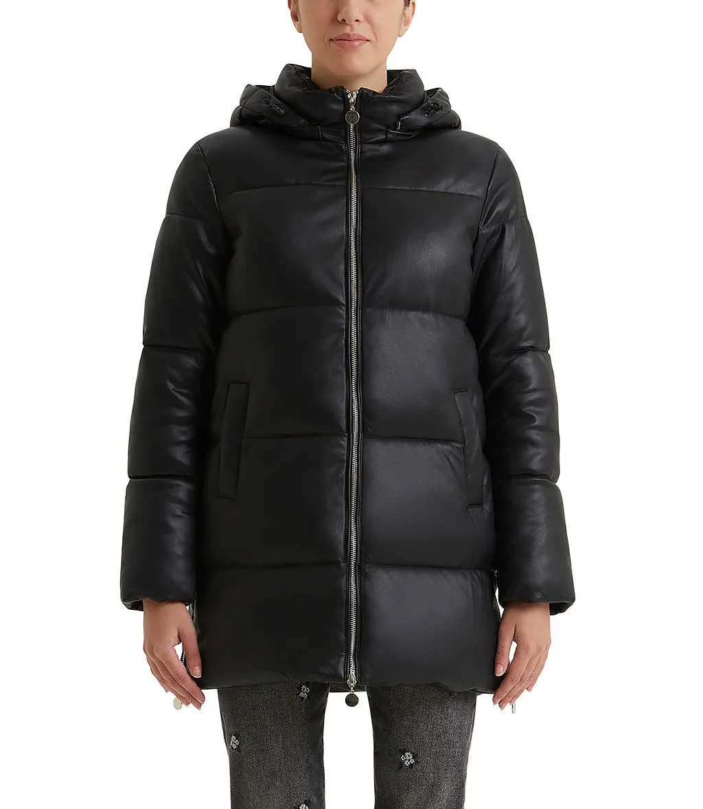 Black quilted faux leather down jacket