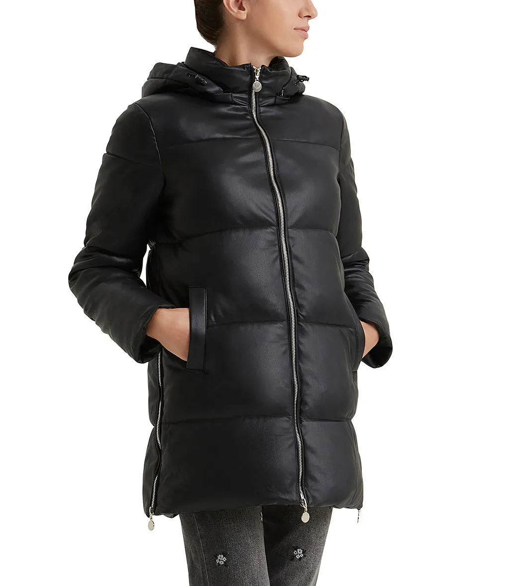 Black quilted faux leather down jacket