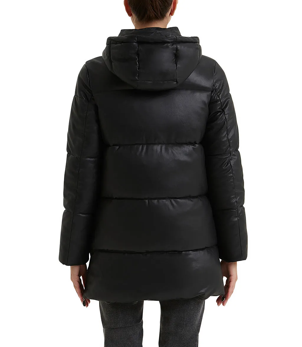 Black quilted faux leather down jacket