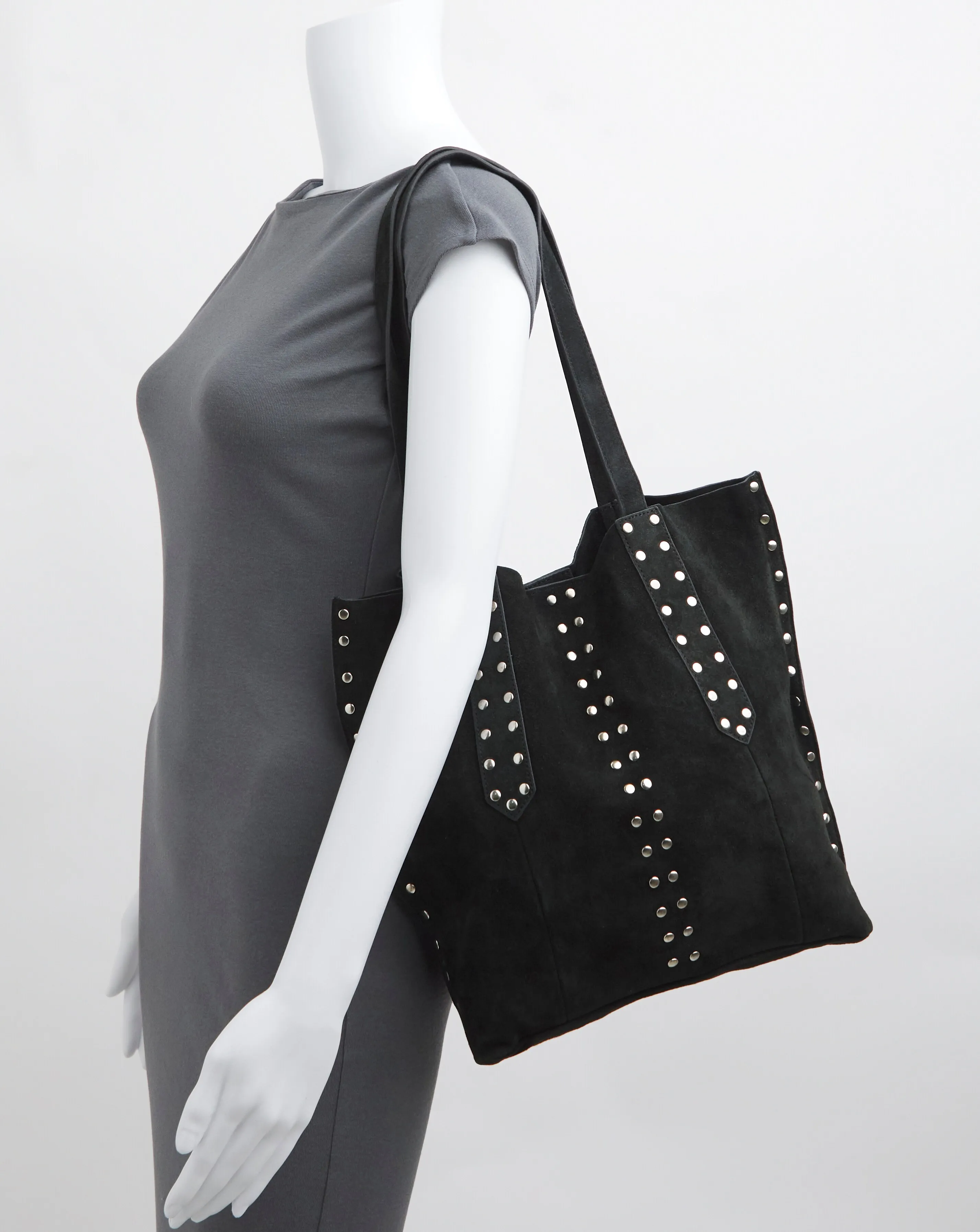 Black Real Suede Studded Tote Bag | Simply Be