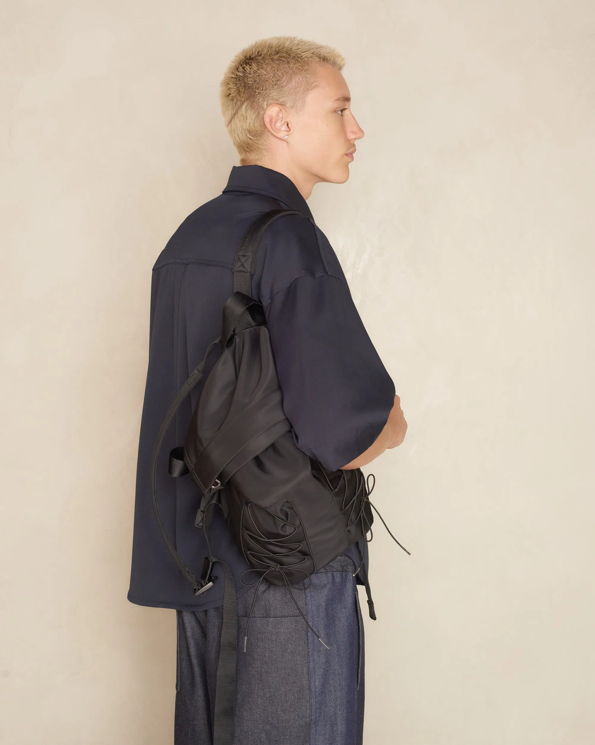 Black Sporty Lace Up Military Backpack