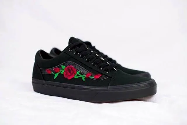 Black Vans Old Skool Rose Patch Embroidered