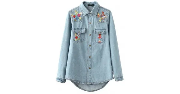 Blue Embroideried Colorful Flowers Jeans Denim Blouse