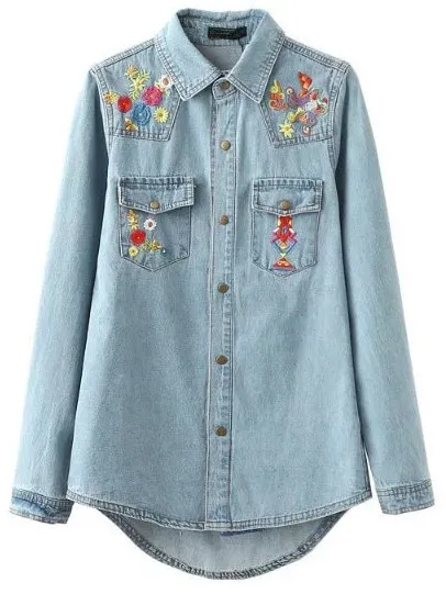 Blue Embroideried Colorful Flowers Jeans Denim Blouse