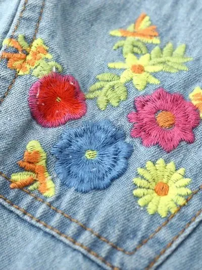 Blue Embroideried Colorful Flowers Jeans Denim Blouse