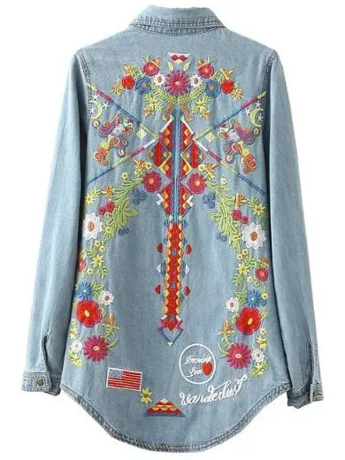 Blue Embroideried Colorful Flowers Jeans Denim Blouse