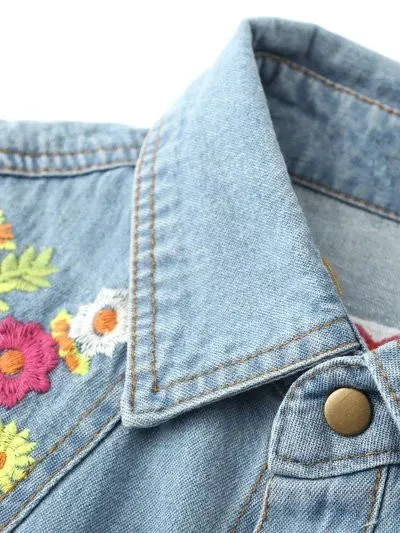 Blue Embroideried Colorful Flowers Jeans Denim Blouse