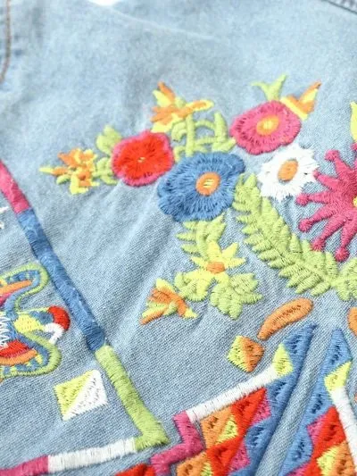 Blue Embroideried Colorful Flowers Jeans Denim Blouse