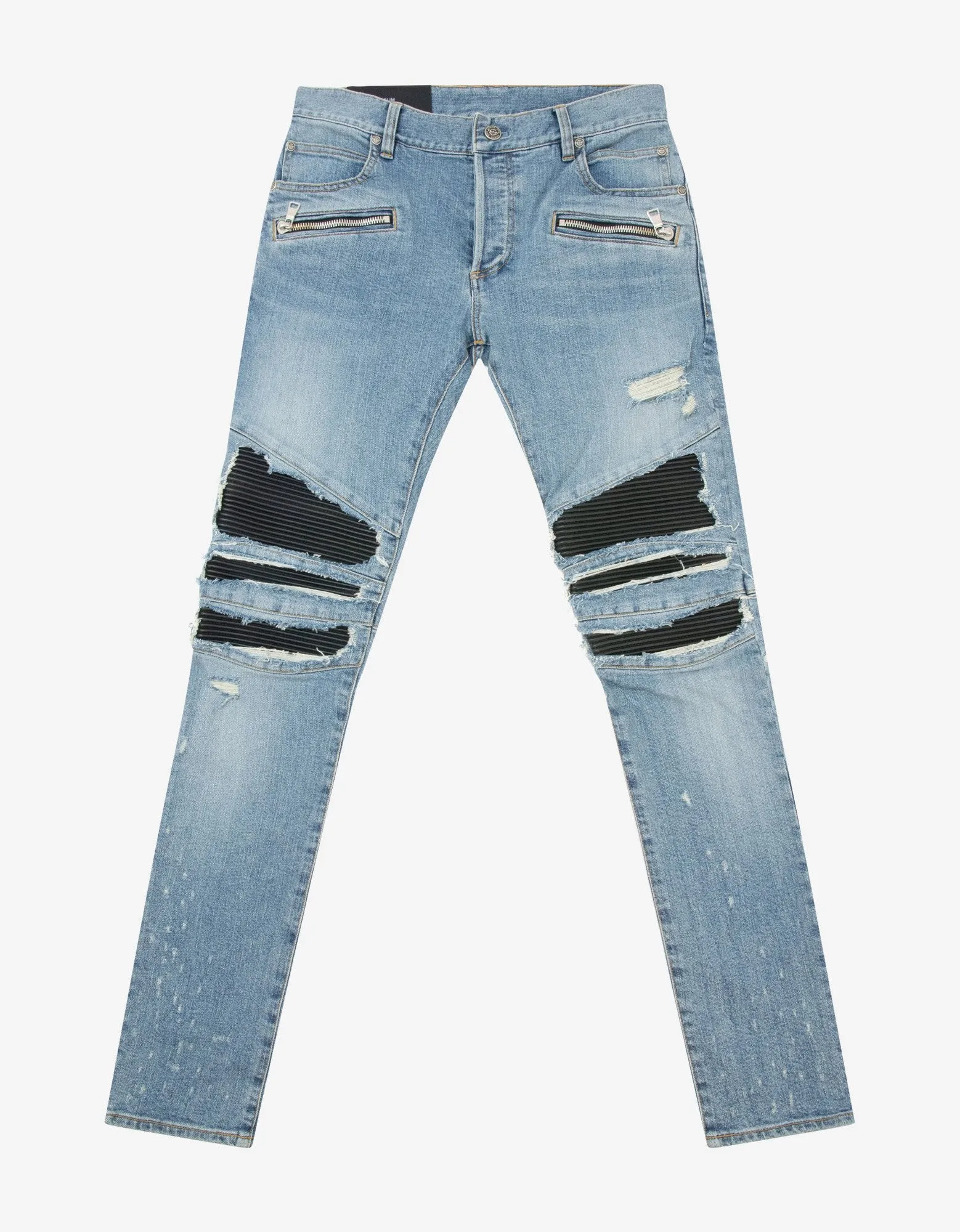 Blue Ribbed Panel Light Destroyed Slim Biker Jeans