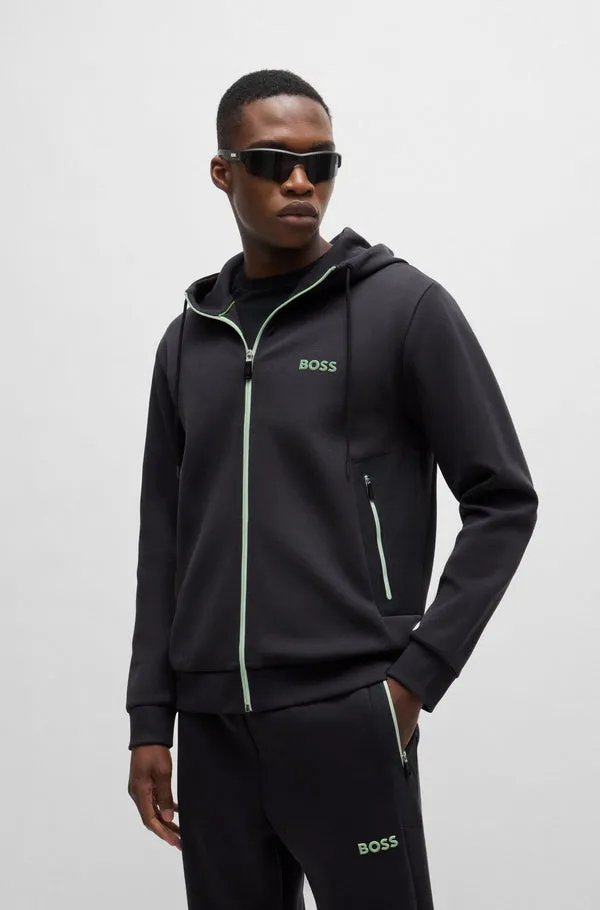 BOSS GREEN Boss Cotton-Blend Zip-Up Hoodie with 3D Logo - Grey