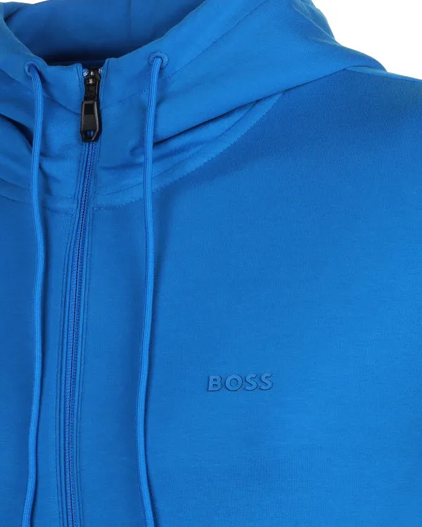 BOSS GREEN Boss Stretch-Cotton Zip-Up Hoodie with Logo Print - Blue