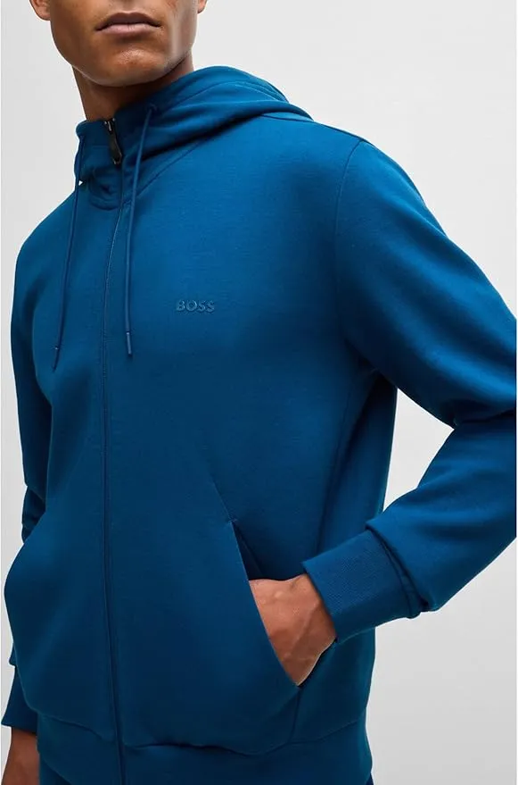 BOSS GREEN Boss Stretch-Cotton Zip-Up Hoodie with Logo Print - Blue