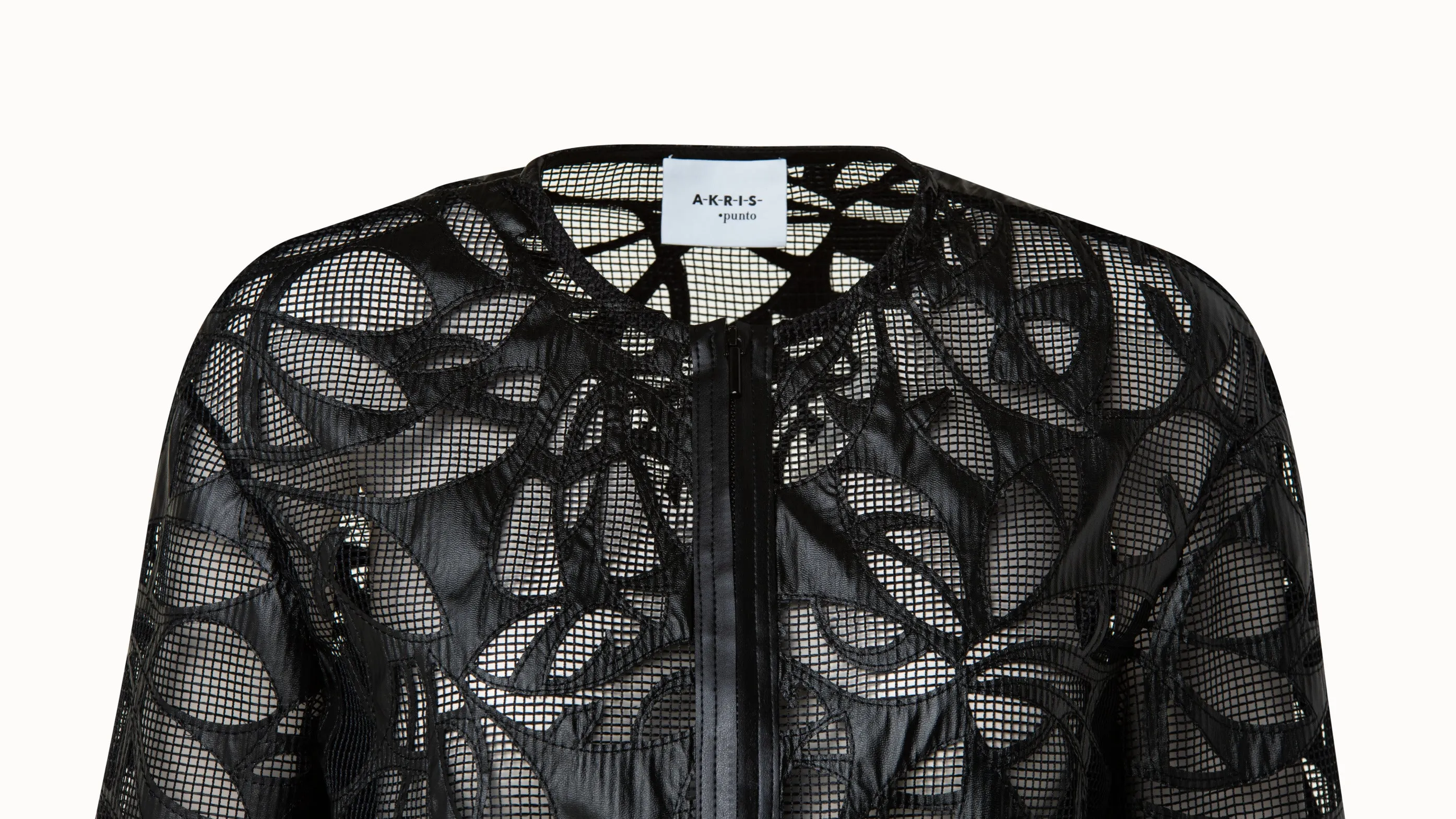 Boxy Jacket in Vegan Leather Leaves Cutouts on Techno Mesh