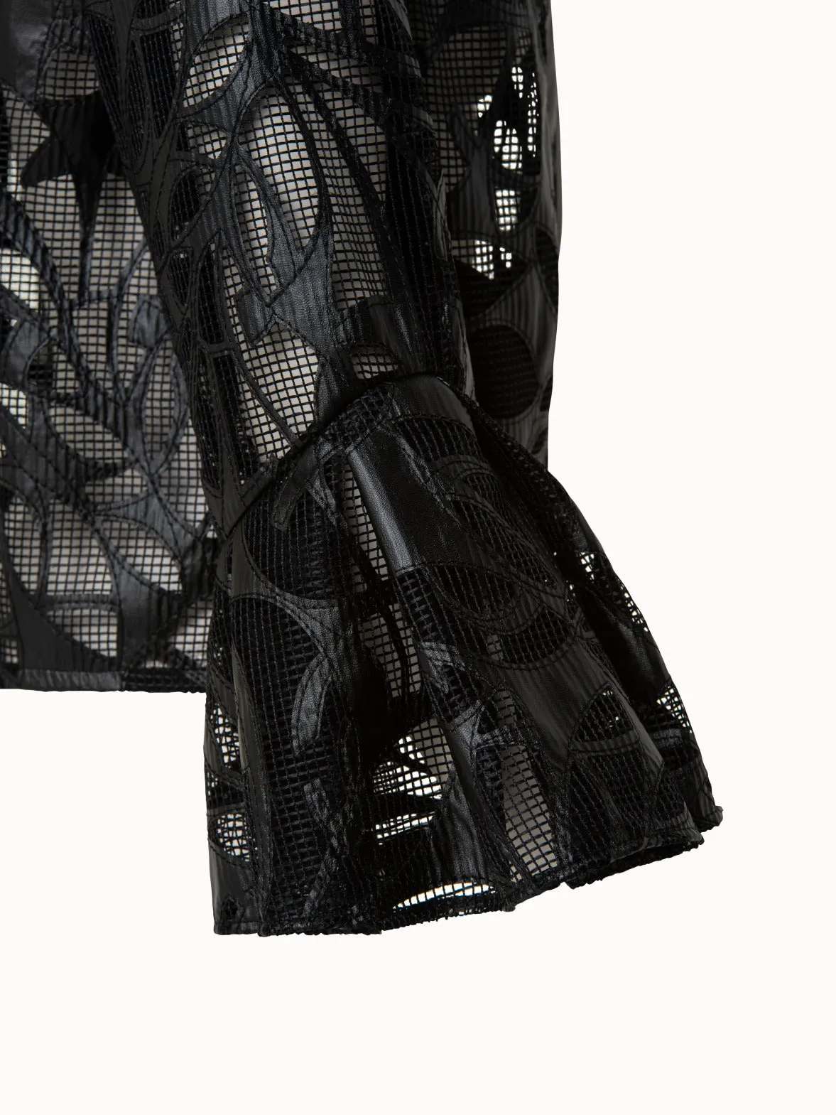 Boxy Jacket in Vegan Leather Leaves Cutouts on Techno Mesh