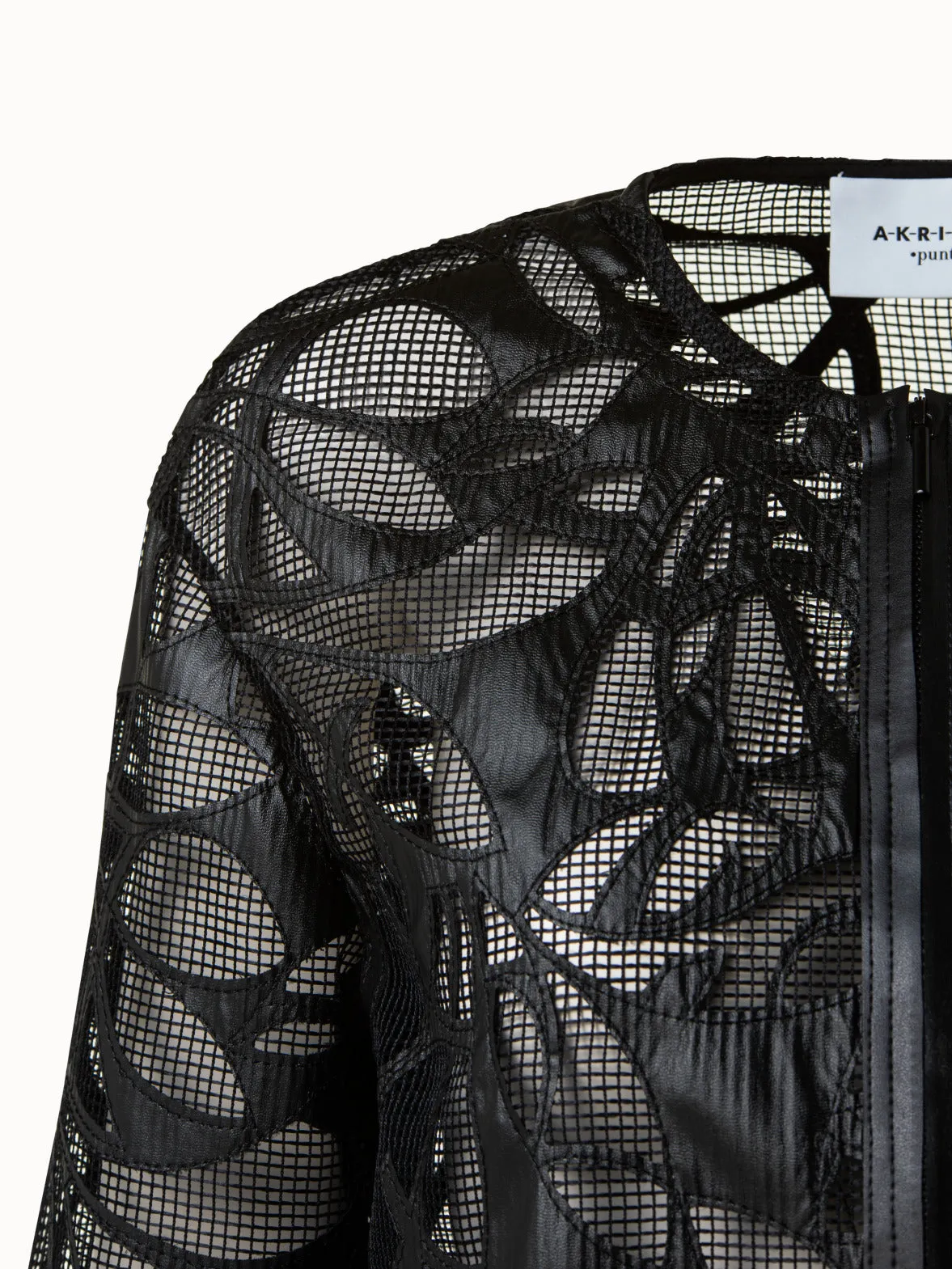 Boxy Jacket in Vegan Leather Leaves Cutouts on Techno Mesh