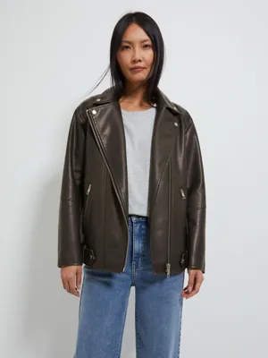 Brown Washed Faux Leather Biker Jacket | Women | George at ASDA