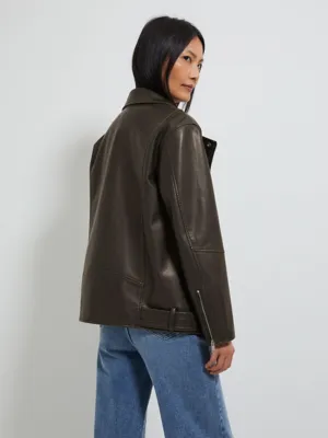 Brown Washed Faux Leather Biker Jacket | Women | George at ASDA