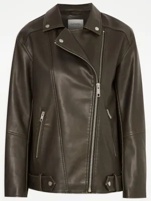 Brown Washed Faux Leather Biker Jacket | Women | George at ASDA