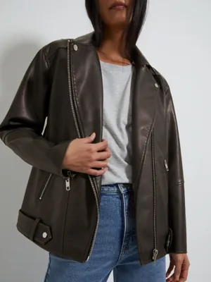 Brown Washed Faux Leather Biker Jacket | Women | George at ASDA