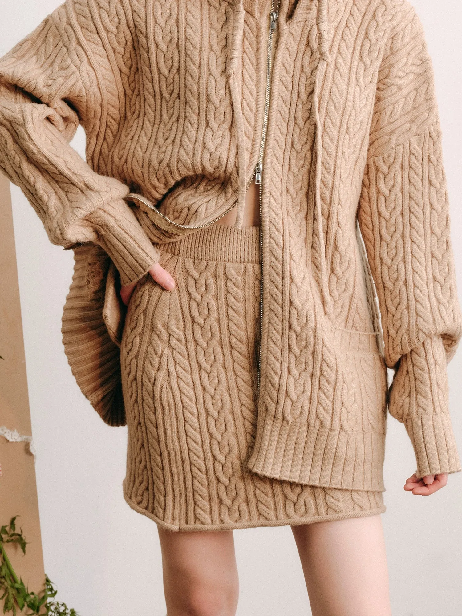 Bunny Ears Hooded Knitted Cardigan & Skirt