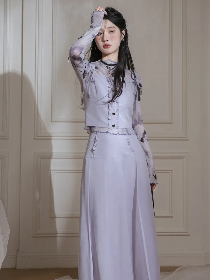 Butterfly Mesh Printed Bottoming Shirt ＋ Vest & Skirt Set-up