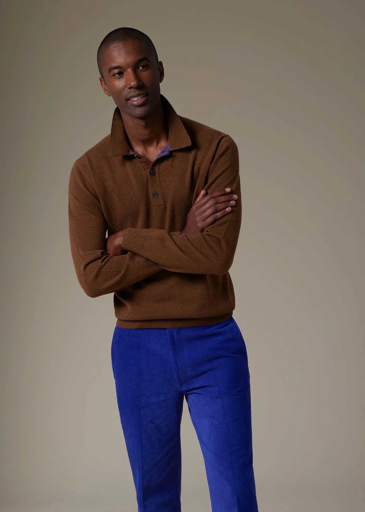 Cashmere Long Sleeve Polo with Suede