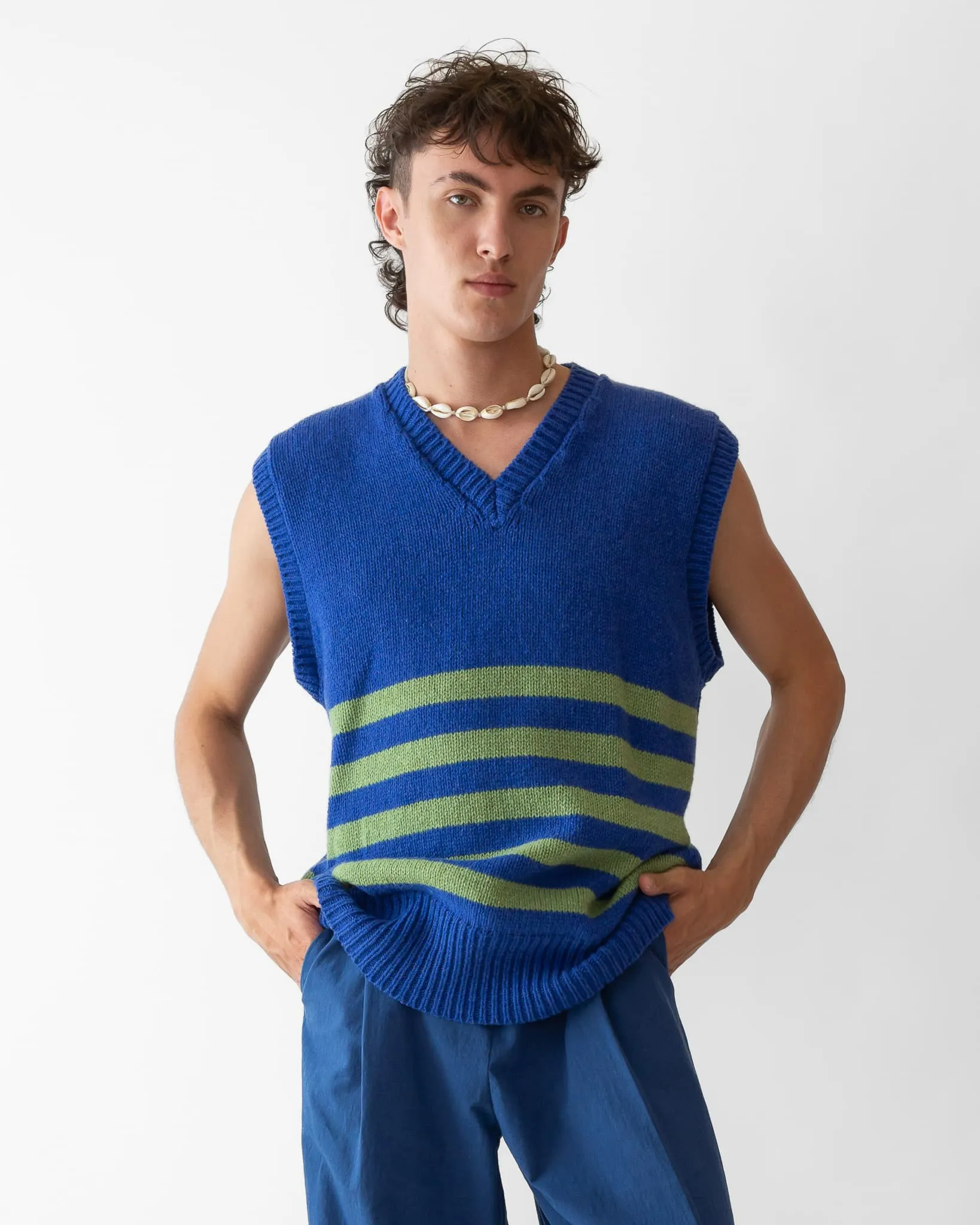 Cawley Morris Knitted Vest in Blue/Green