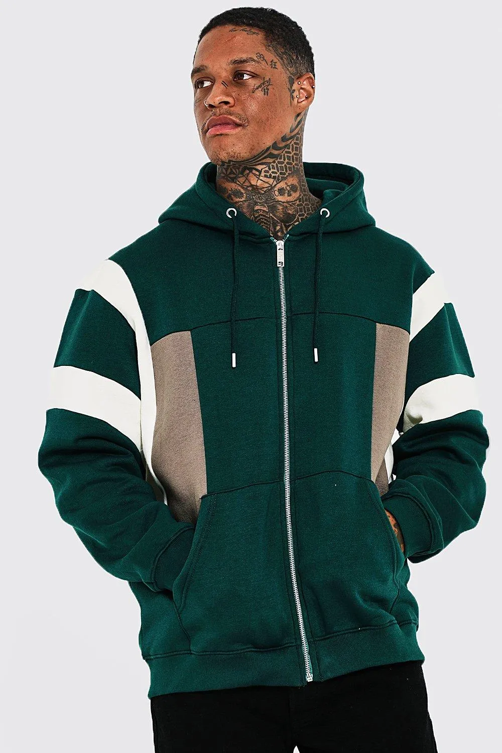 Colour Block Zip Through Hoodie