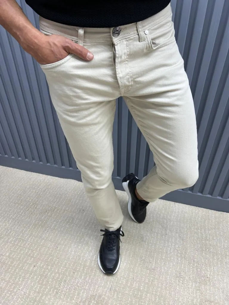 Cream Slim Fit Jeans for Men by GentWith.com