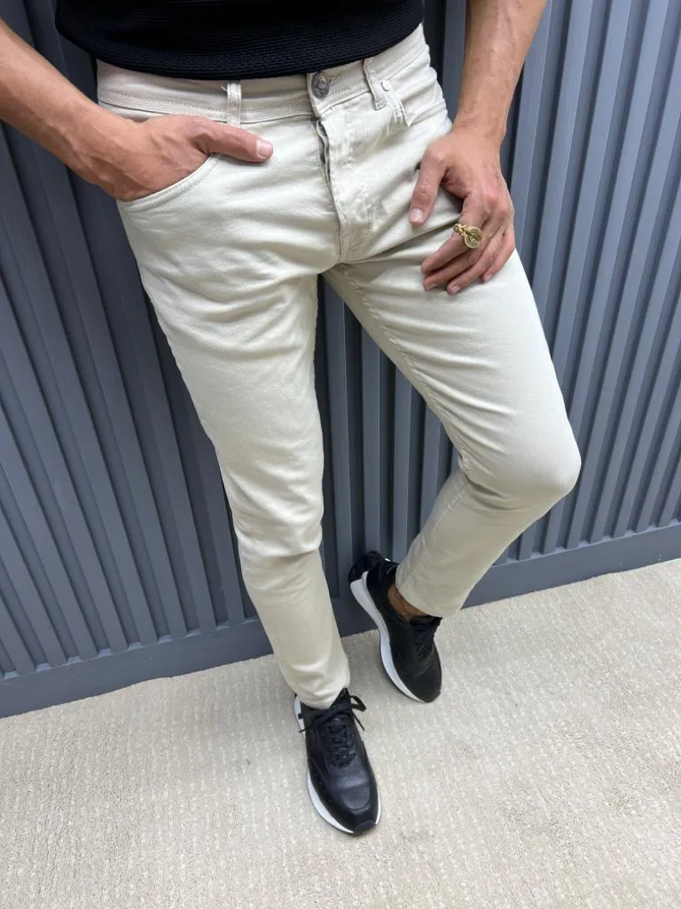 Cream Slim Fit Jeans for Men by GentWith.com