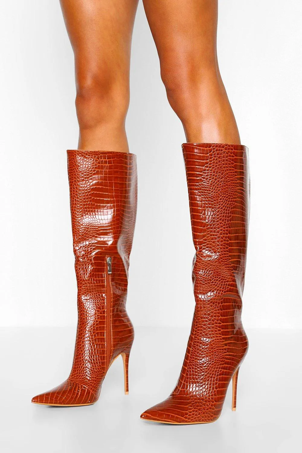 Croc Pointed Toe Stiletto Heel Knee High Boots