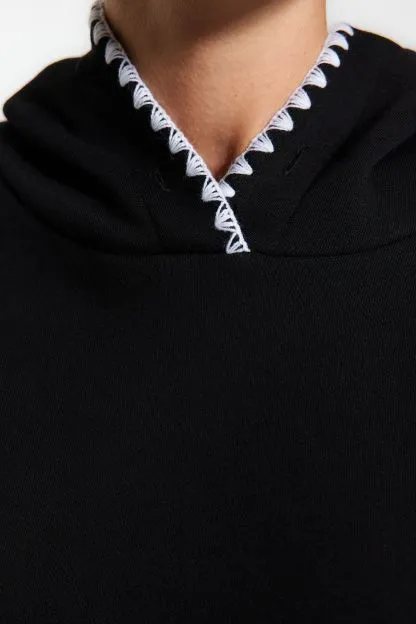 Crochet Detail Hooded Fleece Inner Knitted Sweatshirt