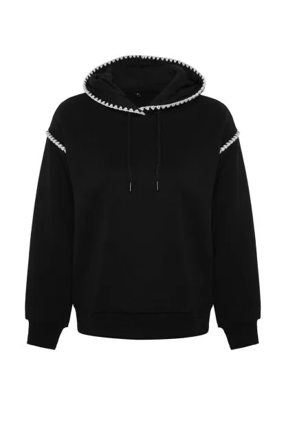 Crochet Detail Hooded Fleece Inner Knitted Sweatshirt