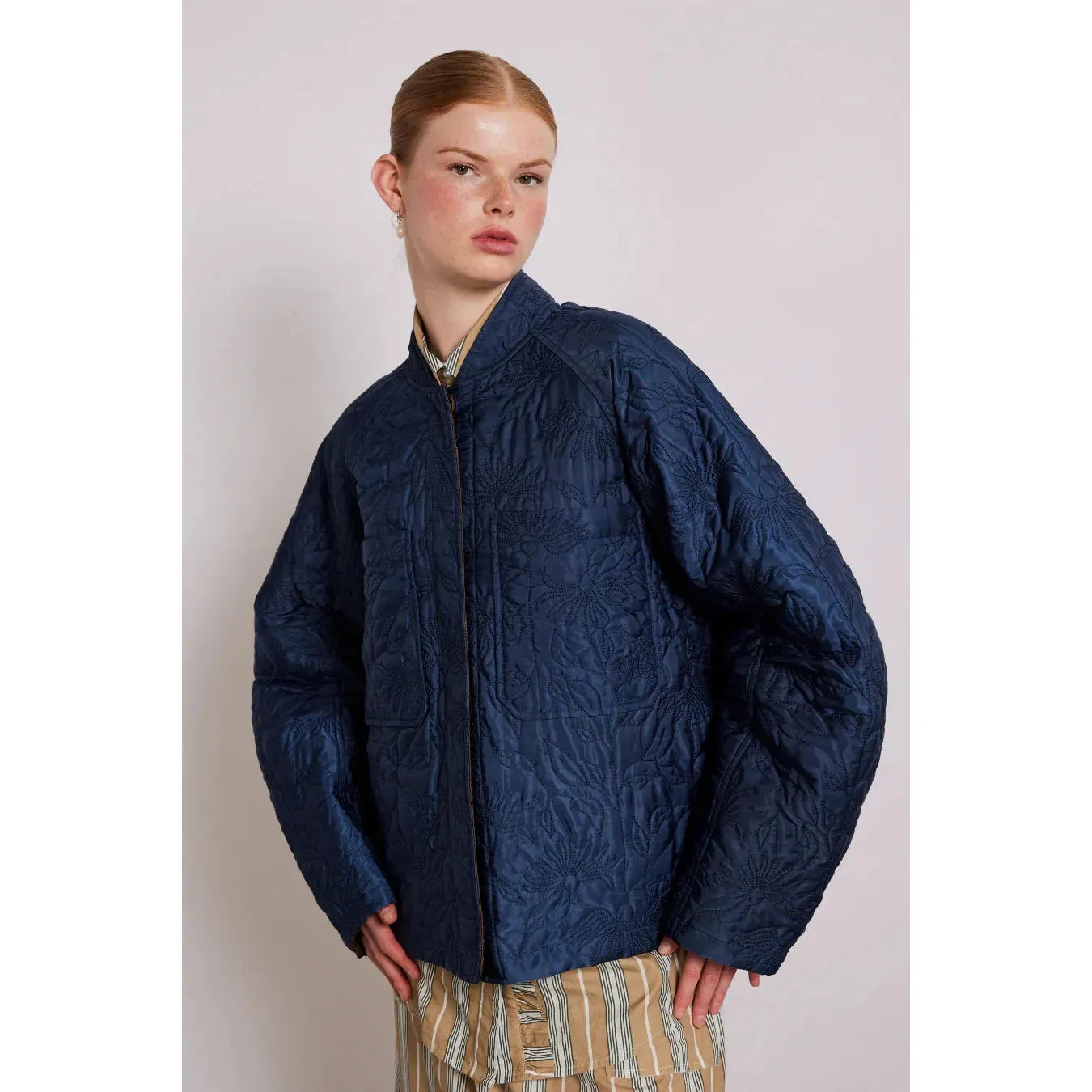 Damson Madder Susie Quilted Reversible Bomber - Navy / Brown