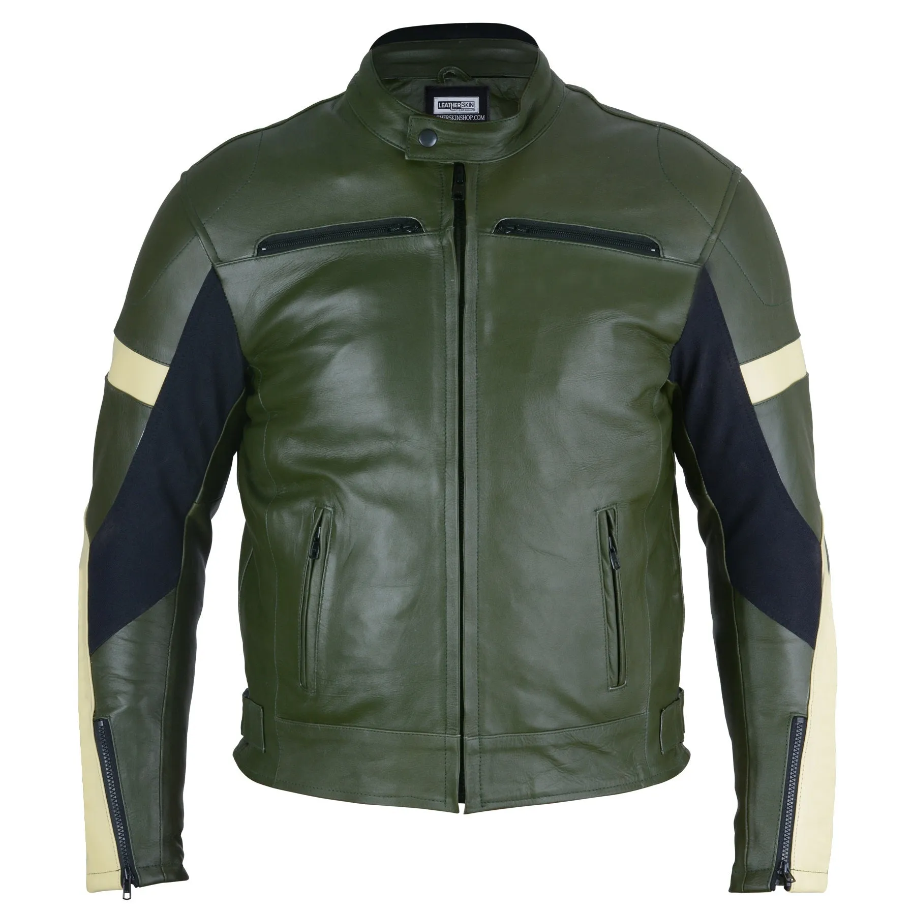 Dark Green Leather Motorcycle Jacket - Protective Armor Leather Biker - Leather Skin Shop