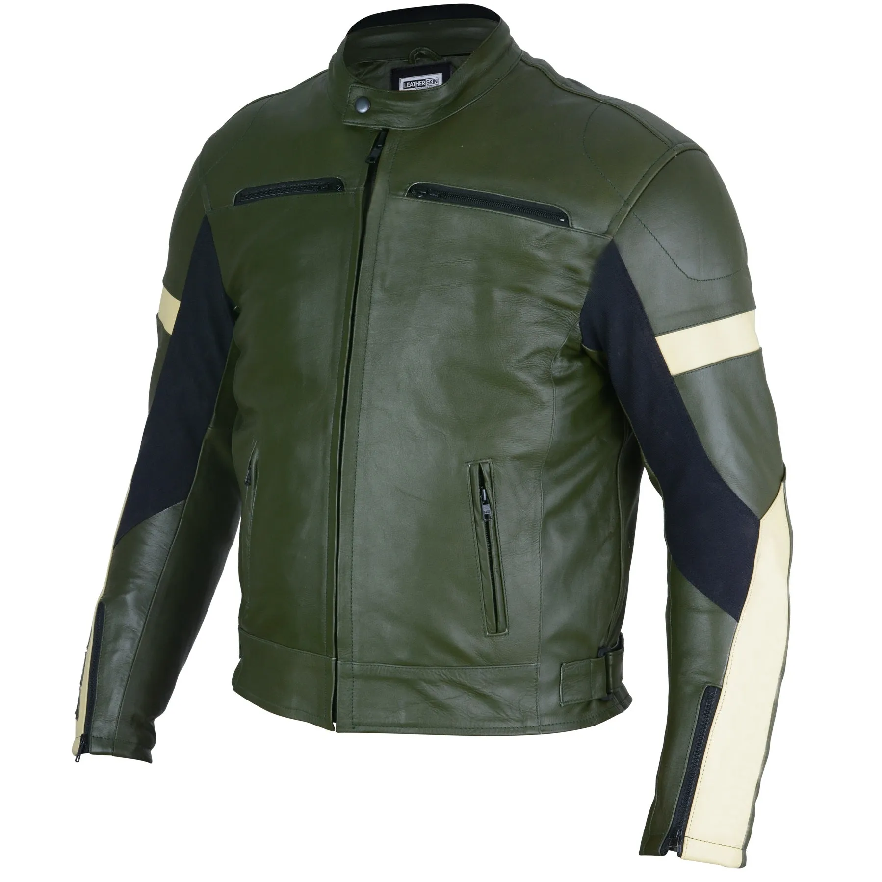 Dark Green Leather Motorcycle Jacket - Protective Armor Leather Biker - Leather Skin Shop