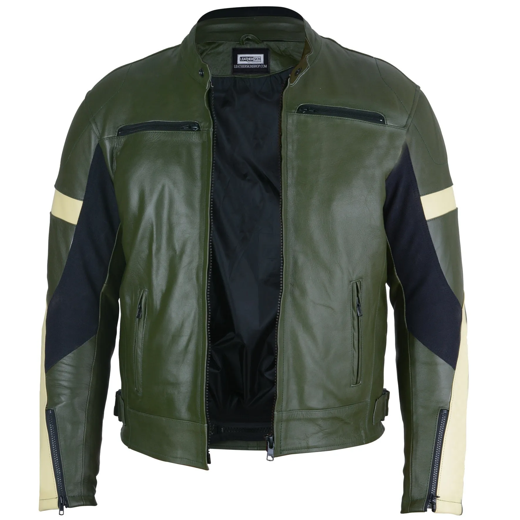 Dark Green Leather Motorcycle Jacket - Protective Armor Leather Biker - Leather Skin Shop