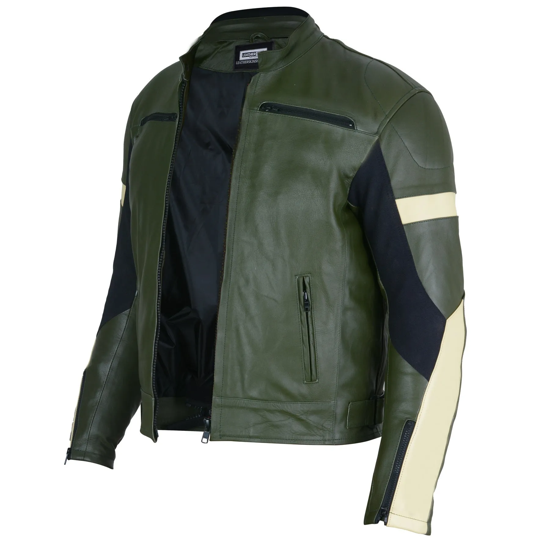 Dark Green Leather Motorcycle Jacket - Protective Armor Leather Biker - Leather Skin Shop