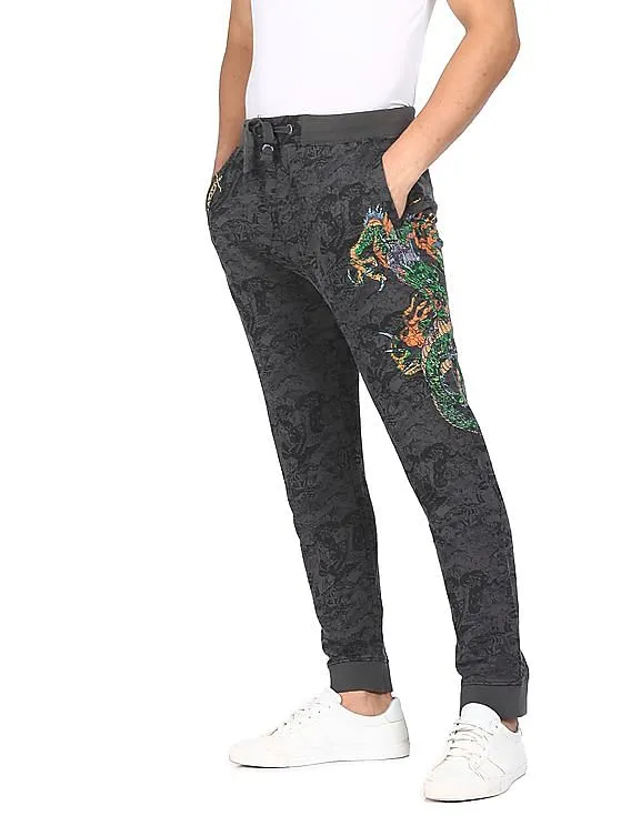 Ed Hardy Men Dark Grey Printed Cotton Joggers