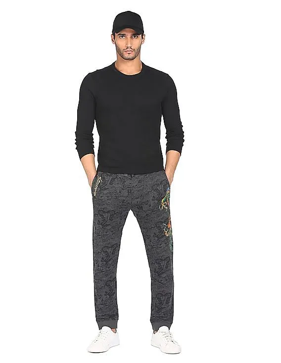 Ed Hardy Men Dark Grey Printed Cotton Joggers