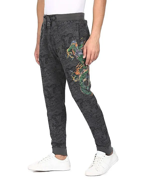 Ed Hardy Men Dark Grey Printed Cotton Joggers